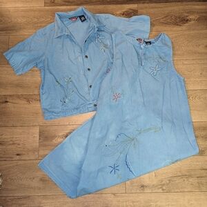 Vintage Embroidered Jean Denim Dress & Button Up Top 2 Piece Set Outfit Large